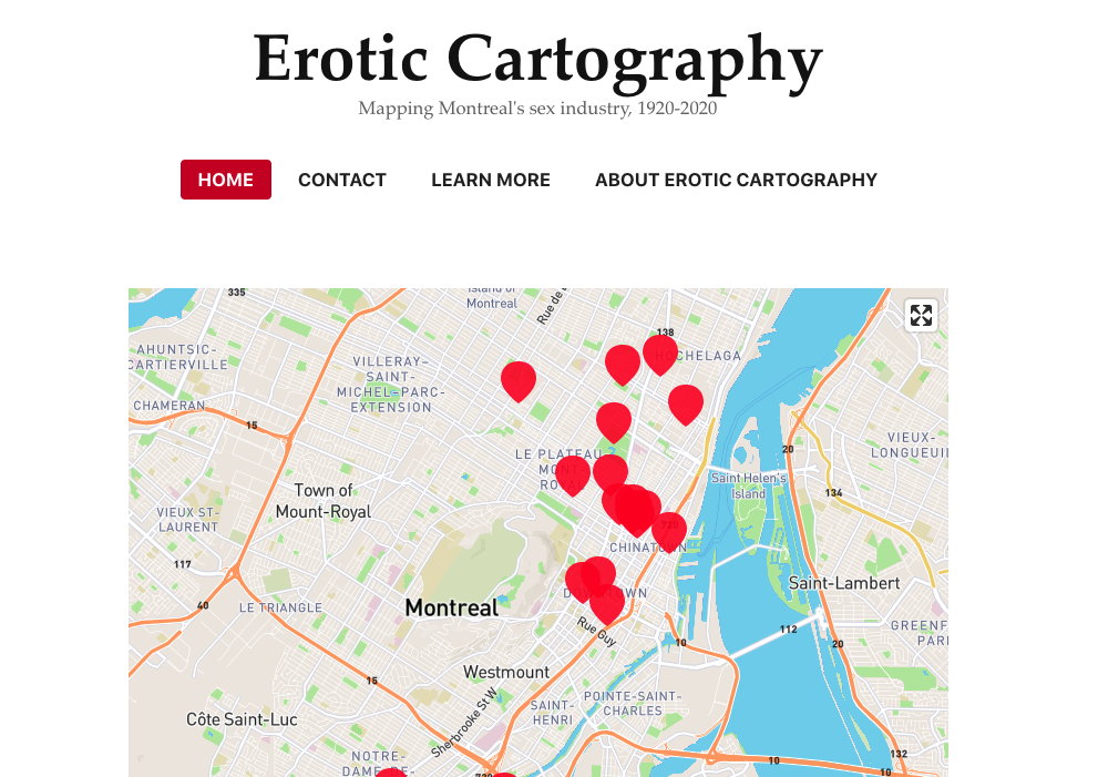 Screenshot of Erotic Cartography’s front page, which displays a map of Montreal with bright red markers on it.