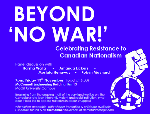 Nov 13th, 2015. Demilitarize McGill Twitter. Caption: #remember this panel in 3hrs! Supported by @qpirgmcgill @QPIRGConcordia @union4genderemp @queermcgill @AMUSE_PSAC etc!